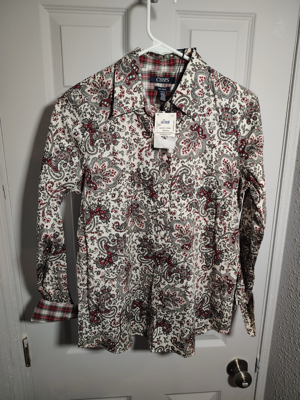 Chaps White Paisley Button-Down Shirt with Red and Gray Accents